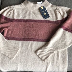 Democracy mock neck sweater cream with mauve stripe with gold metallic.